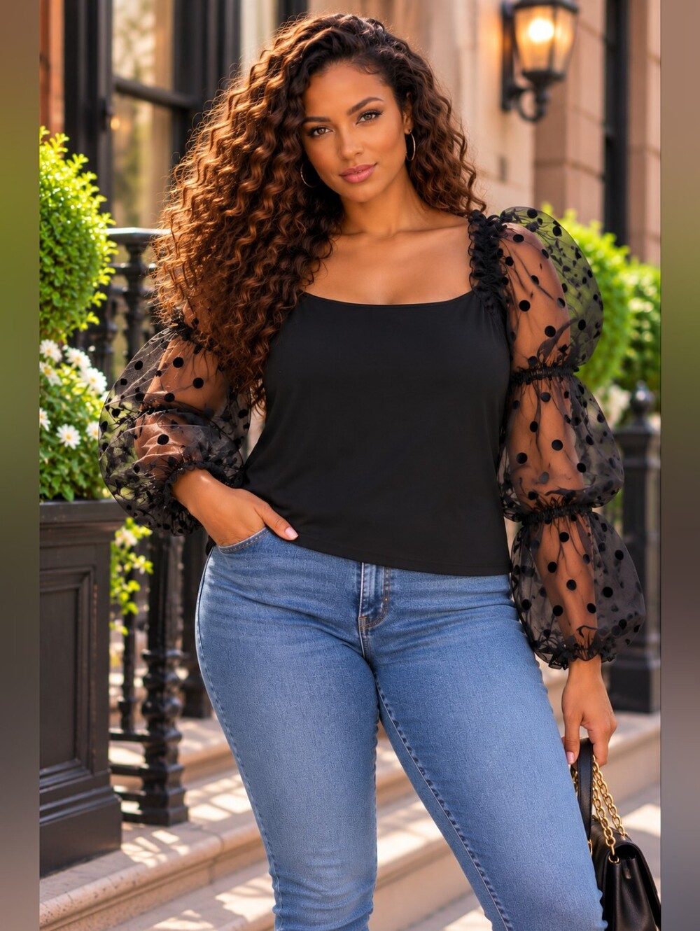Eloquii Black Polka Dot Puff Sleeve Mesh Top